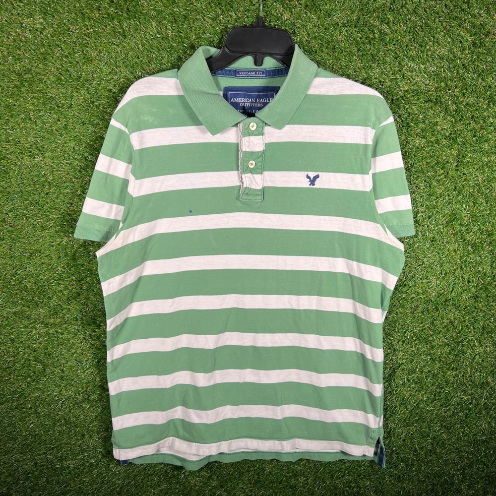 American Eagle Outfitters Mens Large Green White Striped Vintage Fit Polo‎ Shirt